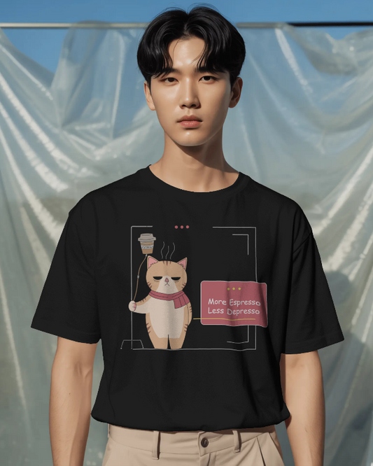 More Espresso Less Depresso Cat T-Shirt – Funny Cat Coffee Lover Shirt