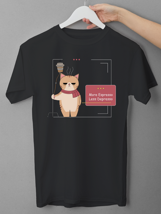 More Espresso Less Depresso Cat T-Shirt – Funny Coffee Lover Shirt
