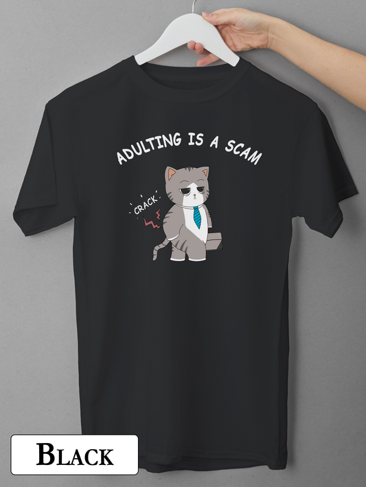 Adulting Is a Scam T-Shirt – Funny Office Cat Graphic Tee