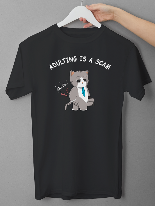 Adulting Is a Scam T-Shirt – Funny Office Cat Graphic Tee